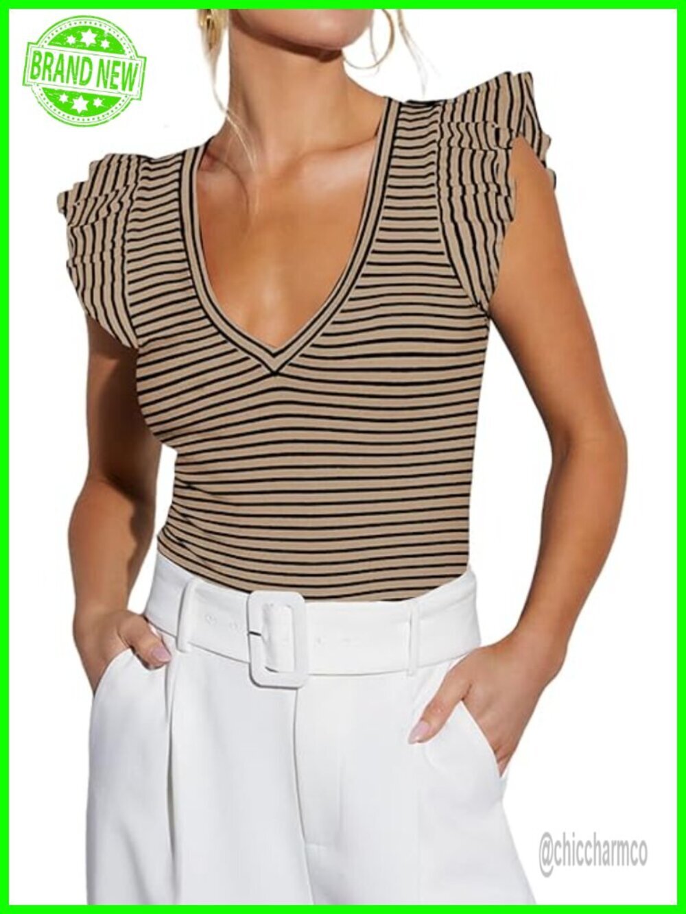 V Neck Striped Tank Top Ruffle Sleeve Ribbed Knit Fitted T Shirt
